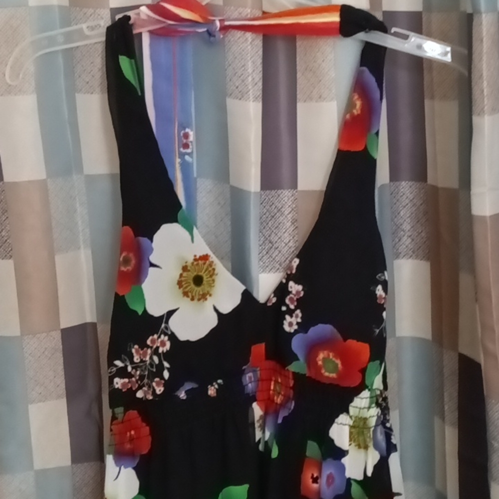 FINAL PRICE xxi halter dress, black w multi-colored floral print design